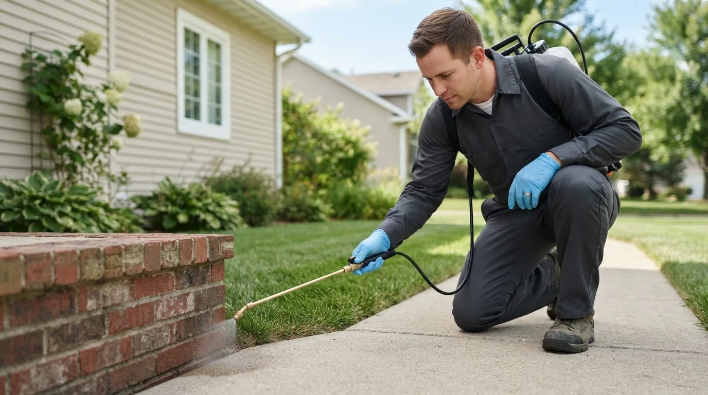 Pest control technician treating a home near Montauk, NY
